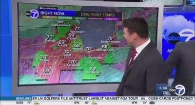 Weatherman finding out that the screen is a touch screen