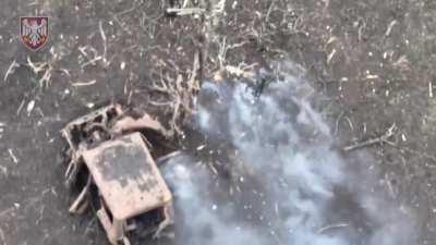 Russian soldier is targeted by FPV drone, he tries to wave it off, but it is too late