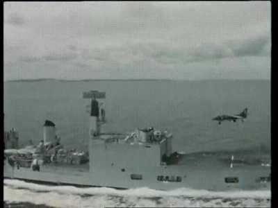 In 1969, a Sea Harrier landed on and took off from cruiser HMS Blake