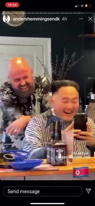 This barbers laugh after cutting “Kim jong un”