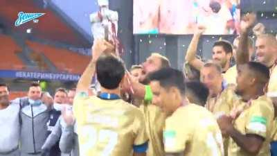 Russian football team drops glass trophy