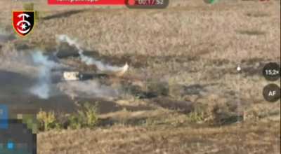 First time destroying a Russian tank using a Dragon drone with thermite payload. 65 km north of Pokrovsk, 30th Mechanized Brigade