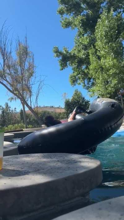 At the u/nakedbakers for thwir annual party 🎉 they got this pool bull ride and I had to take a flying leap 😂 full videos from this weeks adventures will be on OF &amp;amp; Fansly