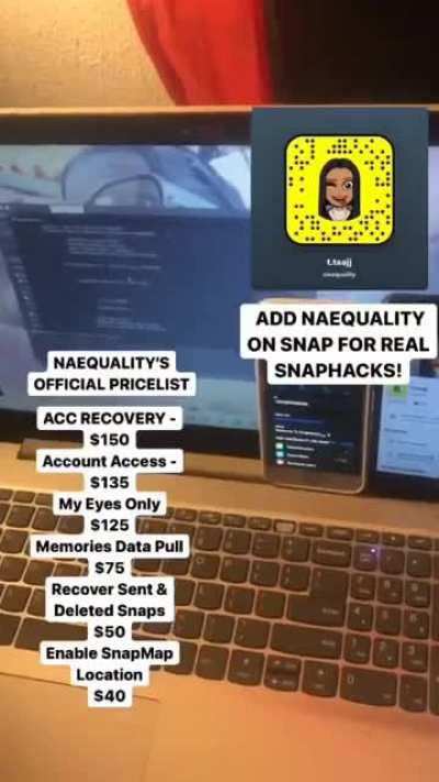 Hit @naequality on Snapchat to order account access , account recovery, my eyes only , memories data pull, recover sent &amp;amp; deleted snaps &amp;amp; more! Telegram Group link in comments below 👇