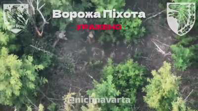 Ukrainian drone pilots from the 1st Motorized Battalion &quot;Night Watch&quot; of the 93rd Mechanized Brigade targets two Russian soldiers with dropped grenades, eliminating one