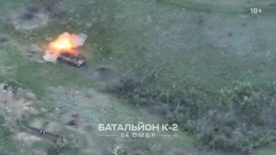 Russian assault group got hit by accurate RPG fire twice while trying to attack K2 Battalion Position in a pick up truck. 