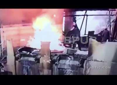 Smelting Factory Worker falls into smelter. Flash vaporized