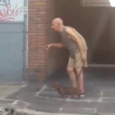 Grandpa walking with his doggo