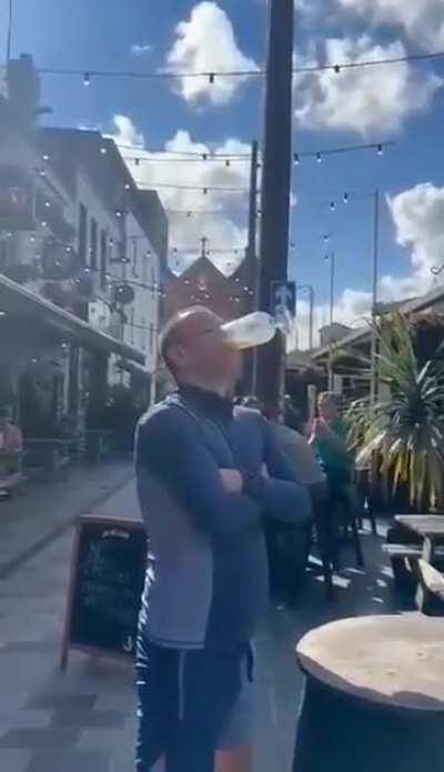 To down a pint with no hands 