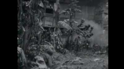 US army gundown a Japanese soldier near Cebu city in Philippines during WW2 (Enemy Visible)