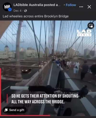 Guy wheelies across the Brooklyn Bridge everyday