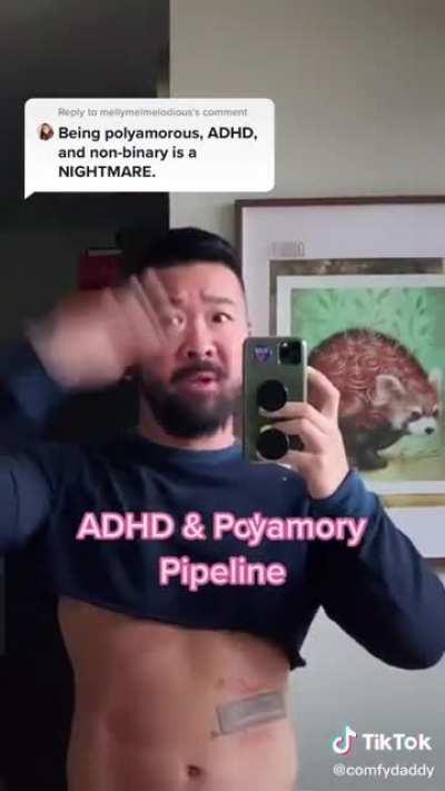 Someone on this reddit once told me people with ADHD shouldn't do polyamory, personally I think that's ableist af but here's a tik tok that explains better than I could why polyamory can be good for ppl with ADHD.