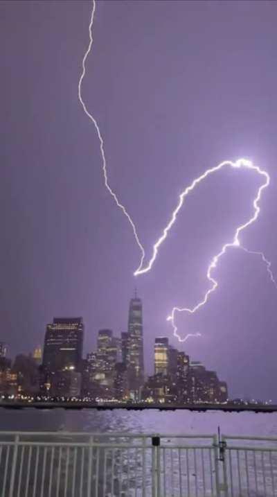 Lighting striking the One World Trade in New York City during the storm ealier tonight (4/1/23)