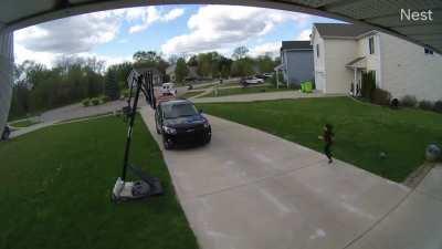 My daughter running down the ice cream truck