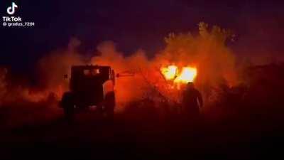 S-60 57mm anti-aircraft gun mounted on a truck being used against ground targets in indirect fire at night. 11/2023 (AFU)