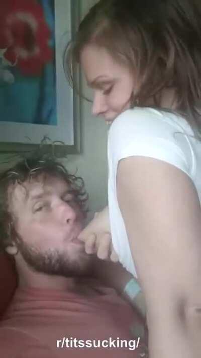 Drinking milk from my girlfriend's tits