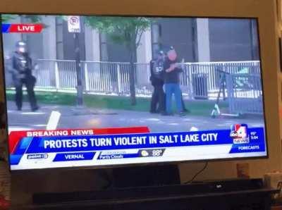 Police officers asserting dominance over a violent protester