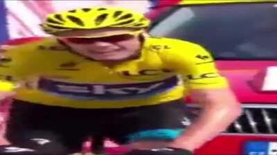 Chris Froome winning on Mont Ventoux but every time he looks at his stem he gets wider