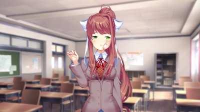 Monika gets attention from an animated magic floating hand.