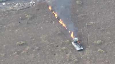 Russian SPG gets hit by a Ukrainian FPV drone is abandoned by the crew then hit again by another drone resulting in it's destruction