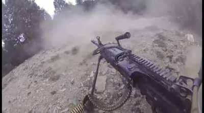 U.S Army Ranger utilizes suppressive fire with Mk48 Machine Gun while A10 provides active close air support