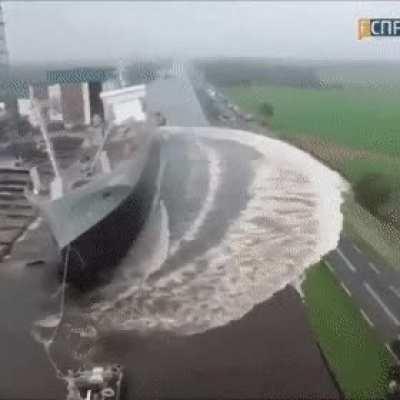 A newly built ship getting deployed into water