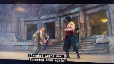 In Mortal Kombat (2021) a reference to how the video game is played. Players (or the cpu) would use this tactic often. If not blocked properly, you can continue to sweep consecutively.Often found annoying to video gamers and frowned upon when it happens.