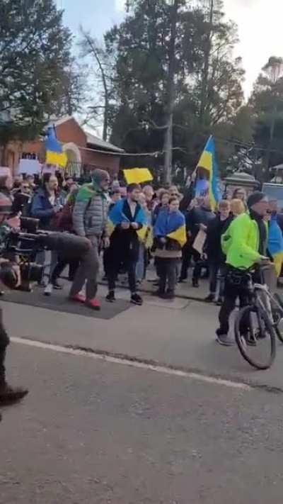 In Dublin, Ireland an angry crowd harasses a car carrying the Russian ambassador as it tries to enter the Embassy. Ireland is with Ukraine.