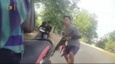 Local People's Defense Force Militias, Yesagyo Revolution Group, and King Cobra Force Attack Myanmar Junta Police and Pyusawhti checkpoint in the Pakokku Area, Magway Region Before Evading with Motorbikes. (May 12th) (Music from Source)
