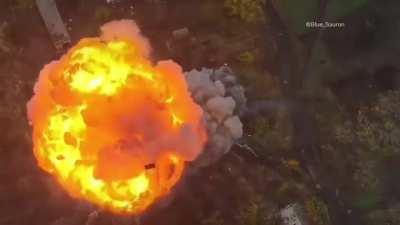 Massive explosion of a Russian tank after being struck earlier by Ukrainian Forces - Turret toss included