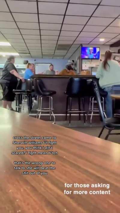 Lady starts a fight with waitress in a bar and gets kicked out 