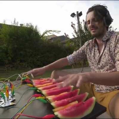 Playing a watermelon and kiwi synthesizer