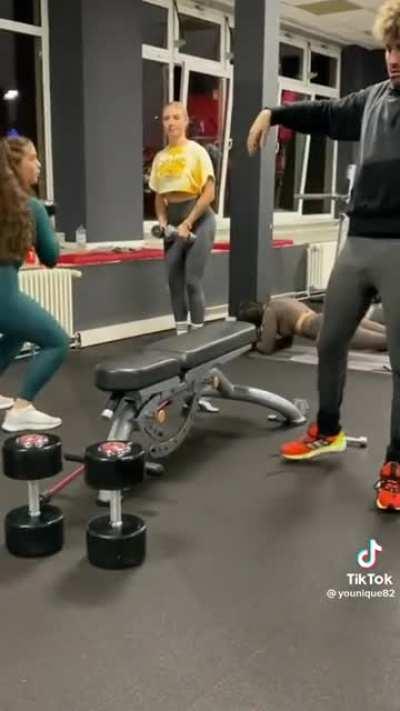 Disrupts people working out and nearly breaks his back, all for a TikTok video