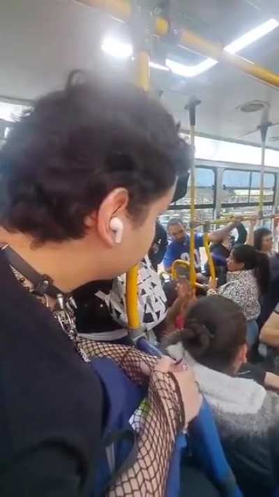 Christian woman harasses a man for wearing a skirt and makeup while riding a bus in Bogotá, Colombia 