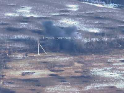 A group of Russians walking along a treeline are hit by indirect fire, January 2023.