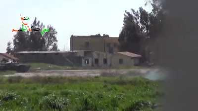 FSA anti-tank RPG team engages active Syrian Army tanks at close range - Menagh Military Airbase, Aleppo - 3/4/2013
