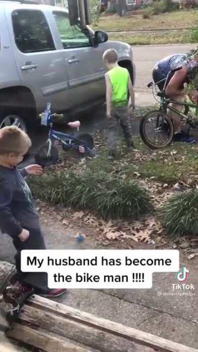 The neighborhood kids found out he can fix bikes so they all keep coming to him for help. He doesn’t mind.