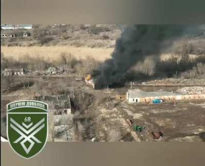 FPV drone destroys a Russian small warehouse of fuel and lubricants in Novovodyane village, Luhansk Oblast. Operator from the 68th Jaeger Brigade 