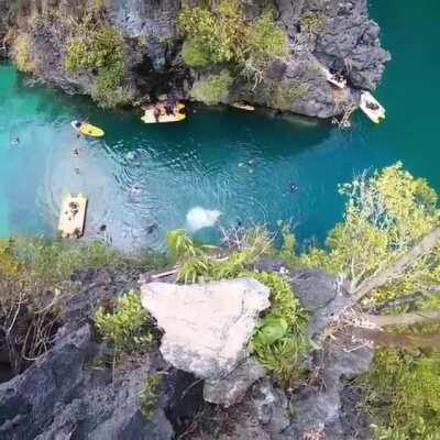 Professional high diver Ellie Smart and friends diving into the pristine waters of the province of Palawan in the Philippines