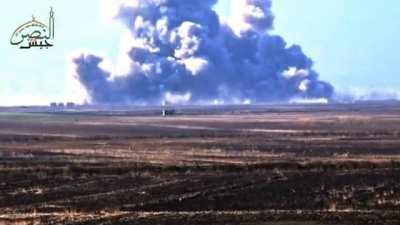 FSA fighters hit a regime ammo storage building with a TOW resulting in a massive explosion. December 13th, 2015.