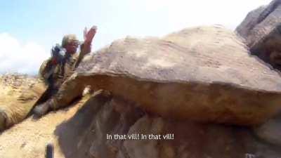 US soldiers from Company A, 1st Battalion, 179th Infantry Regiment, 45th IBCT take MG fire and pinned down in Saygal Valley and start maneuvering. Clip from documentary &quot;Citizen soldier&quot;