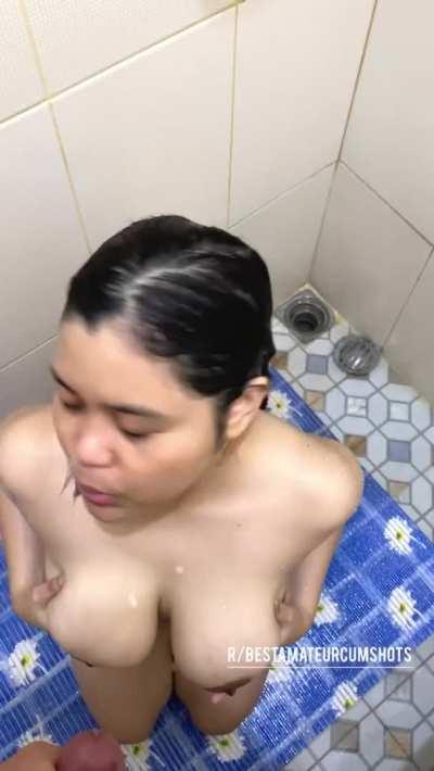 Busty Indonesian Wife with Natural Titties Gets Cum Sprayed in the Shower 💦