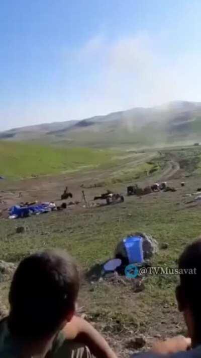 Azerbaijan army mortar crew almost killed by counter battery fire from Armenian artillery. 2020