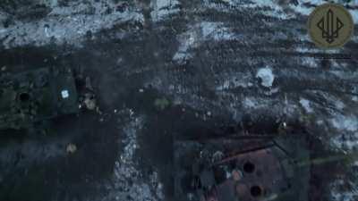 Spartan Brigade Ukrainian drone POV near Roboyne. old losses of Leopard and m113 visible. -@Teoyaomiquu