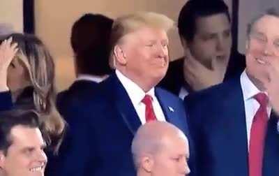 Trump slowly realising that the crowd is booing him