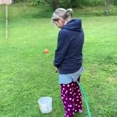 Man sick of wife complaining about poor toilet aim challenges her to try with bucket and hose