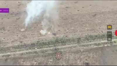 A Russian T-90 while engaging a Ukrainian position is destroyed in a catastrophic explosion by a mine