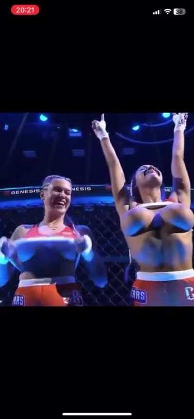 Female fighters Inked D. and Karina P. flash their boobs at the crowd during MMA event in Prague