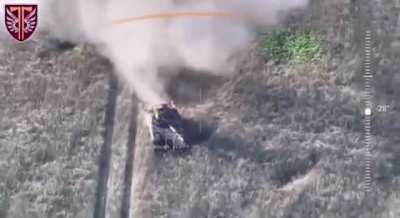 UA Drone Watches A Russian Tank Cooking Off.