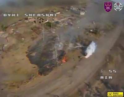 A Ukrainian FPV pilot from the Presidential Brigade &quot;Hetman Bohdan Khmelnytskyi&quot; drops an incendiary charge from his drone on a Russian ATV quad. The body of the dead soldier next to the vehicle also gets caught in the flames.